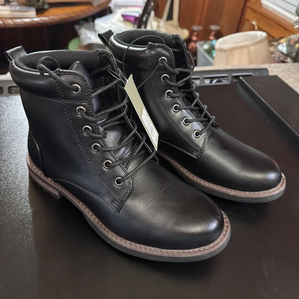 Goodfellow Boots Men Sz 7‎ Black Jeffrey Lace Up Ankle Faux Leather Casual NEW